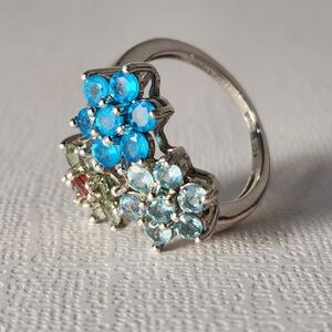 Semi VTG Neon Apatite,Blue Topaz, Prasolite & Ruby 925 Floral Cocktail Ring Sz 6